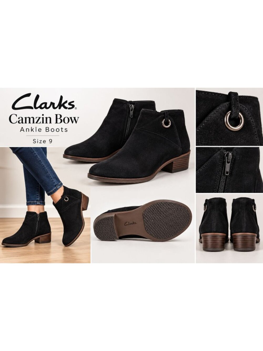 Clarks Camzin Bow Ankle Boots distinctive metallic ring strap the collar Size 9
